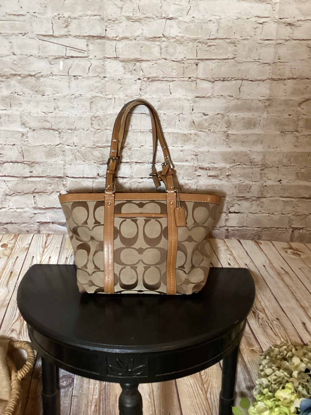 Coach Signature Jacquard khaki leather trim shoulder Vintage bag - Picture 6 of 9
